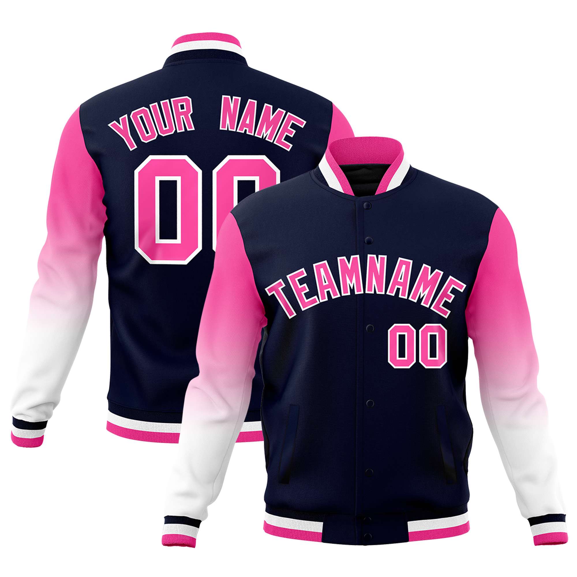 Custom Navy Pink White Full-Snap Varsity Raglan Sleeves Gradient Letterman Jacket