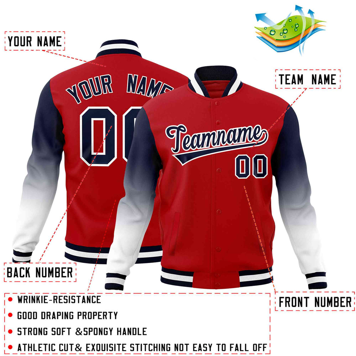 Custom Red Navy White Full-Snap Varsity Raglan Sleeves Gradient Letterman Jacket| KXKSHOP