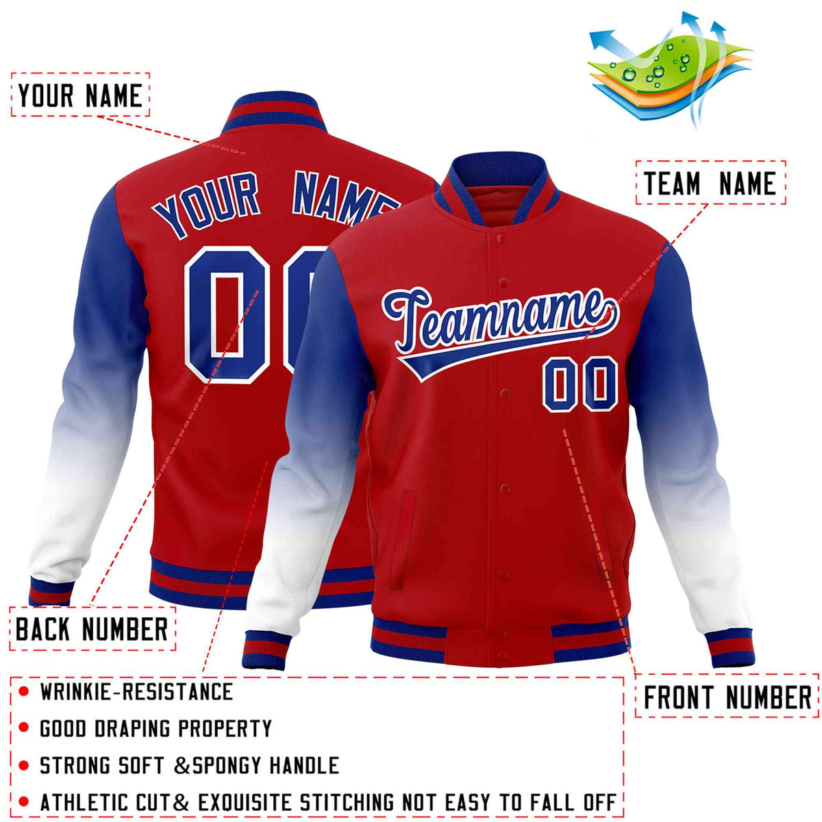 Custom Red Royal Blue White Full-Snap Varsity Raglan Sleeves Gradient Letterman Jacket| KXKSHOP