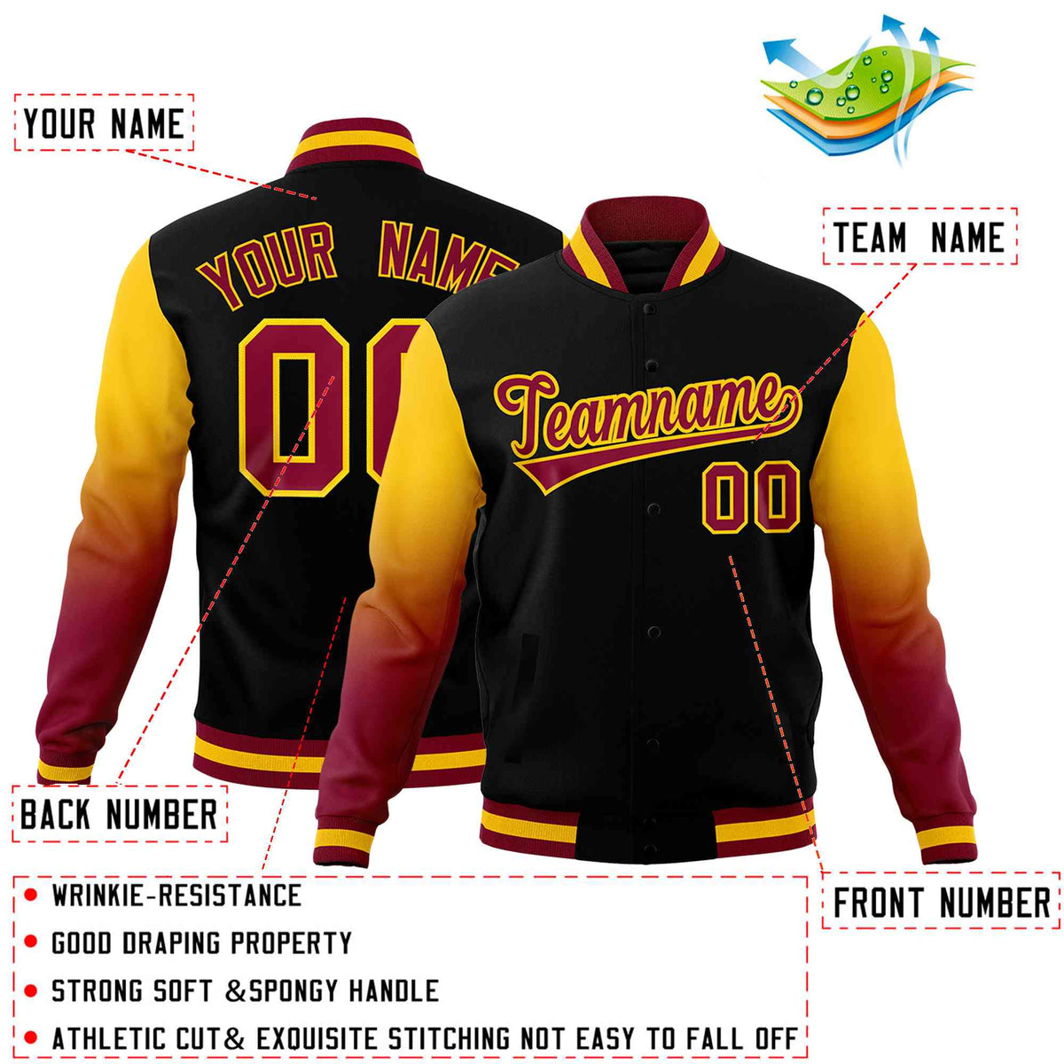 Custom Black Crimson Gold Full-Snap Varsity Raglan Sleeves Gradient Letterman Jacket| KXKSHOP
