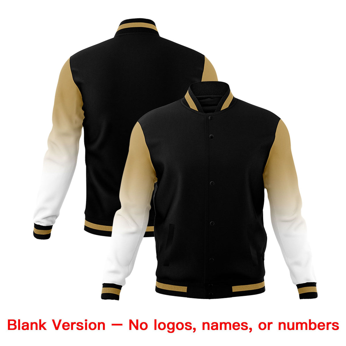 Custom Black White Old Gold Full-Snap Varsity Raglan Sleeves Gradient Letterman Jacket| KXKSHOP