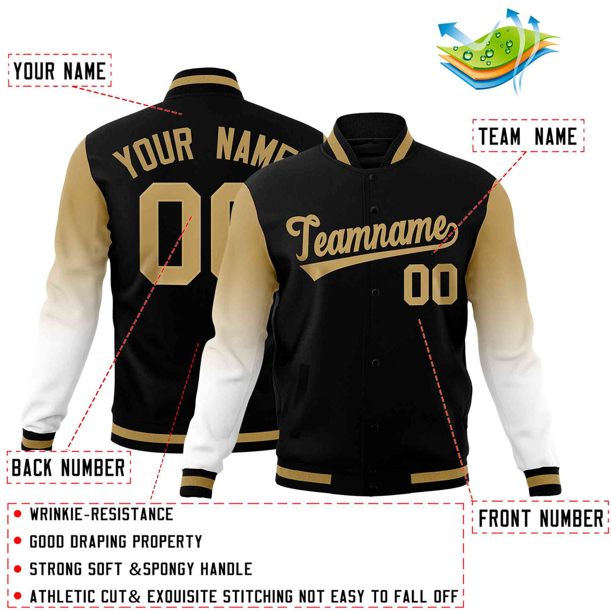 Custom Black White Old Gold Full-Snap Varsity Raglan Sleeves Gradient Letterman Jacket| KXKSHOP