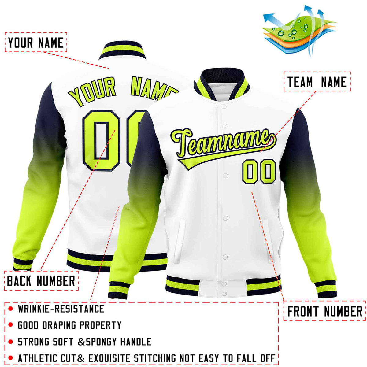 Custom White Neon Green Navy Full-Snap Varsity Raglan Sleeves Gradient Letterman Jacket| KXKSHOP