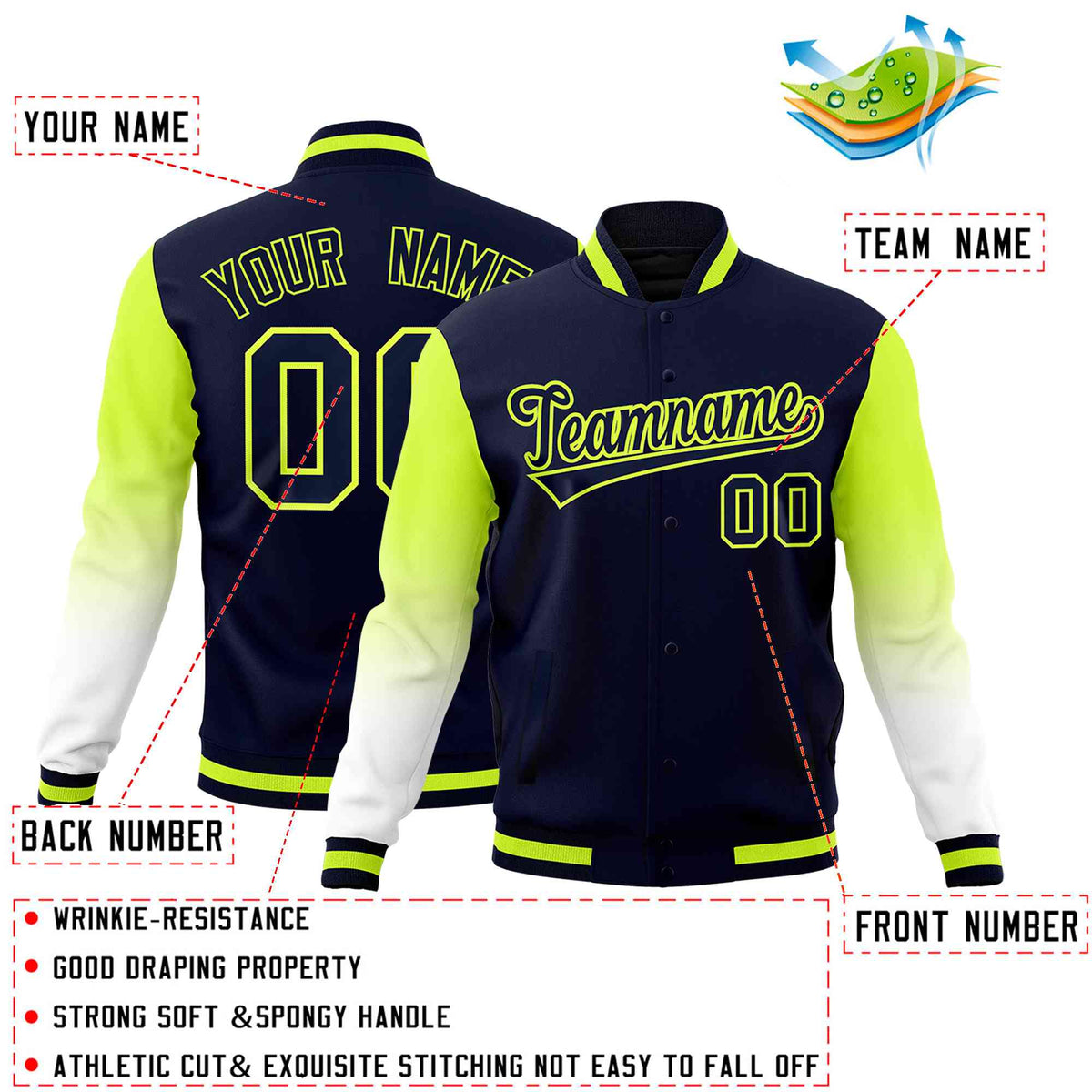 Custom Navy White Neon Green Full-Snap Varsity Raglan Sleeves Gradient Letterman Jacket| KXKSHOP