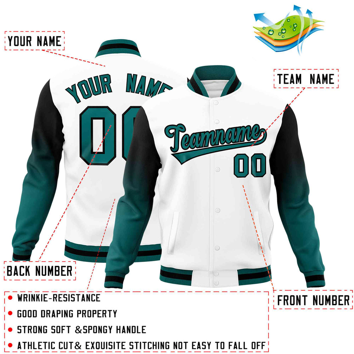 Custom White Teal Black Full-Snap Varsity Raglan Sleeves Gradient Letterman Jacket| KXKSHOP