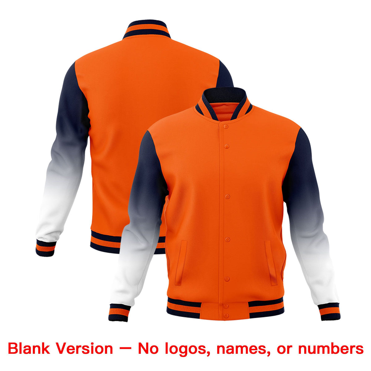 Custom Orange Navy White Full-Snap Varsity Raglan Sleeves Gradient Letterman Jacket| KXKSHOP