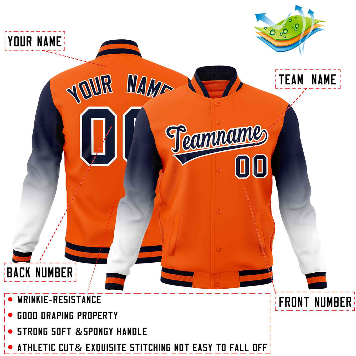 Custom Orange Navy White Full-Snap Varsity Raglan Sleeves Gradient Letterman Jacket| KXKSHOP