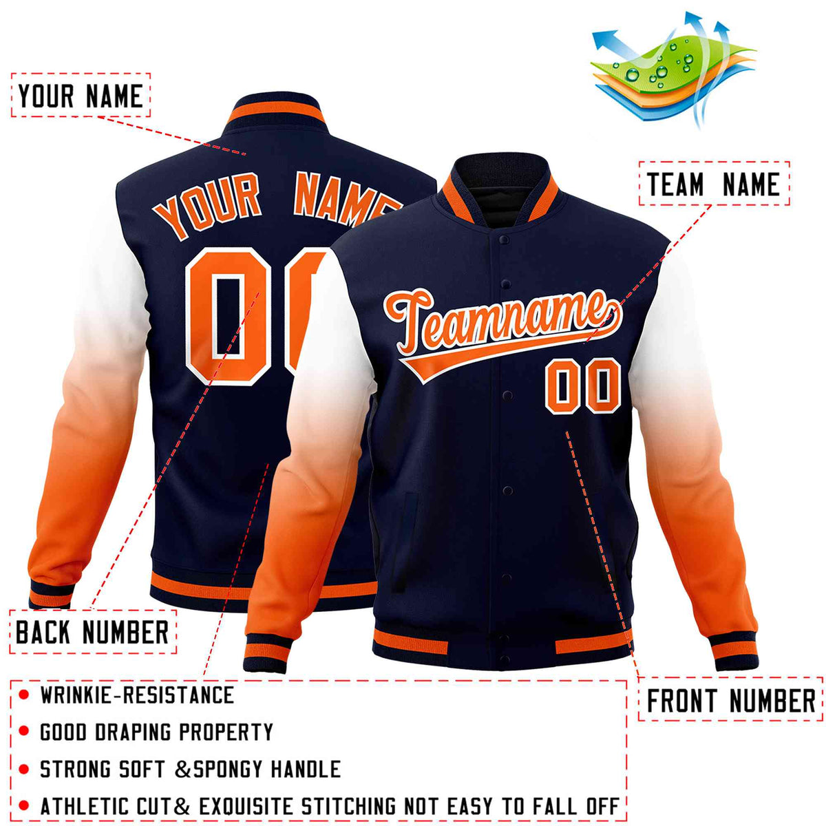 Custom Navy Orange White Full-Snap Varsity Raglan Sleeves Gradient Letterman Jacket| KXKSHOP