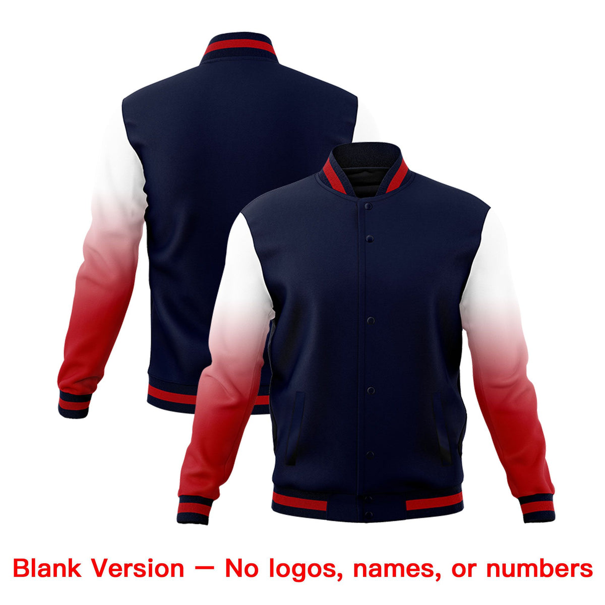 Custom Navy Red White Full-Snap Varsity Raglan Sleeves Gradient Letterman Jacket| KXKSHOP