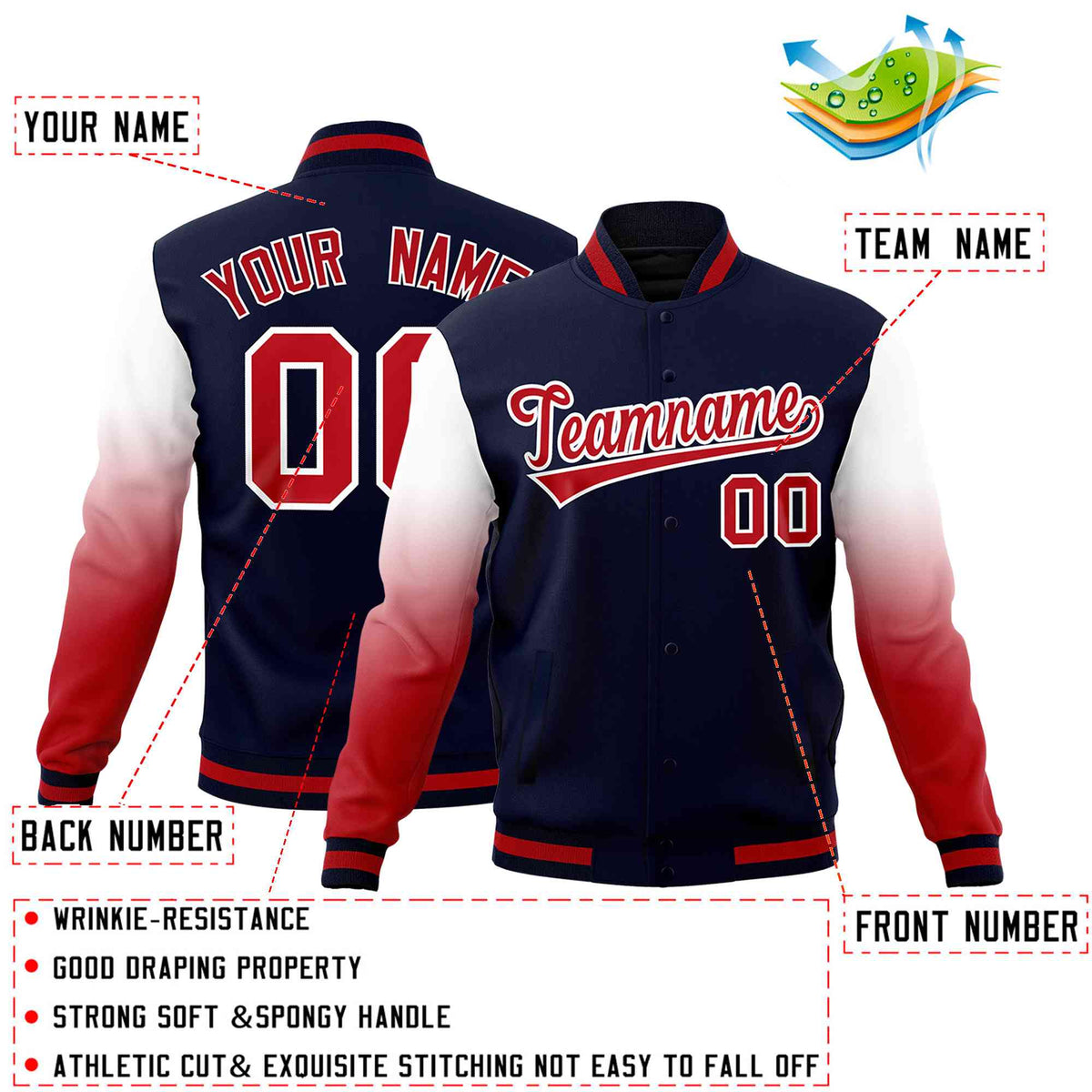 Custom Navy Red White Full-Snap Varsity Raglan Sleeves Gradient Letterman Jacket| KXKSHOP