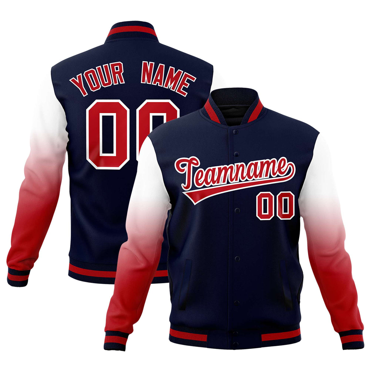 Custom Navy Red White Full-Snap Varsity Raglan Sleeves Gradient Letterman Jacket| KXKSHOP