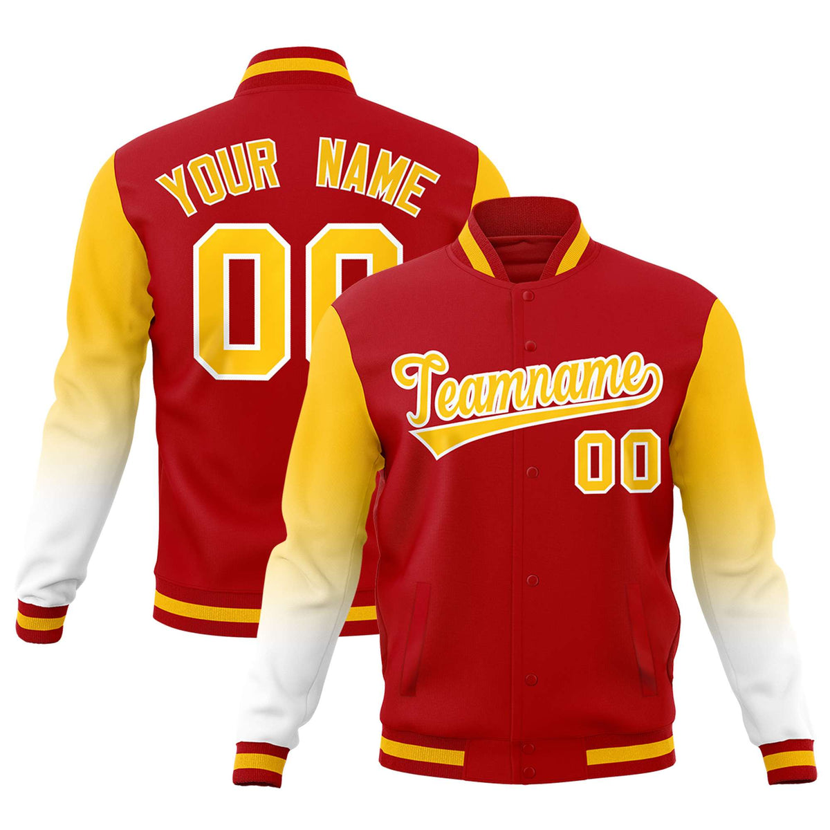 Custom Red Gold White Full-Snap Varsity Raglan Sleeves Gradient Letterman Jacket| KXKSHOP