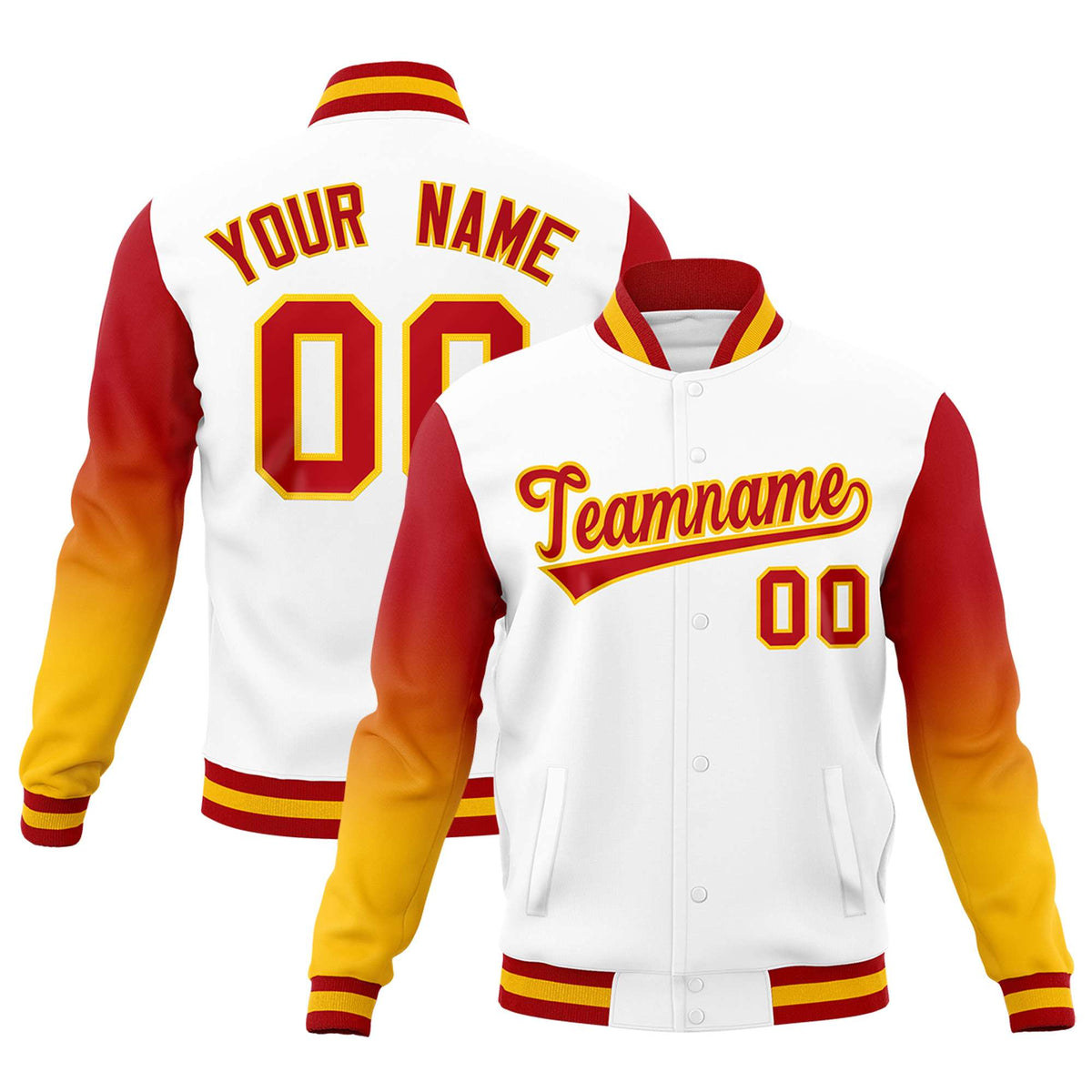 Custom White Red Gold Full-Snap Varsity Raglan Sleeves Gradient Letterman Jacket| KXKSHOP