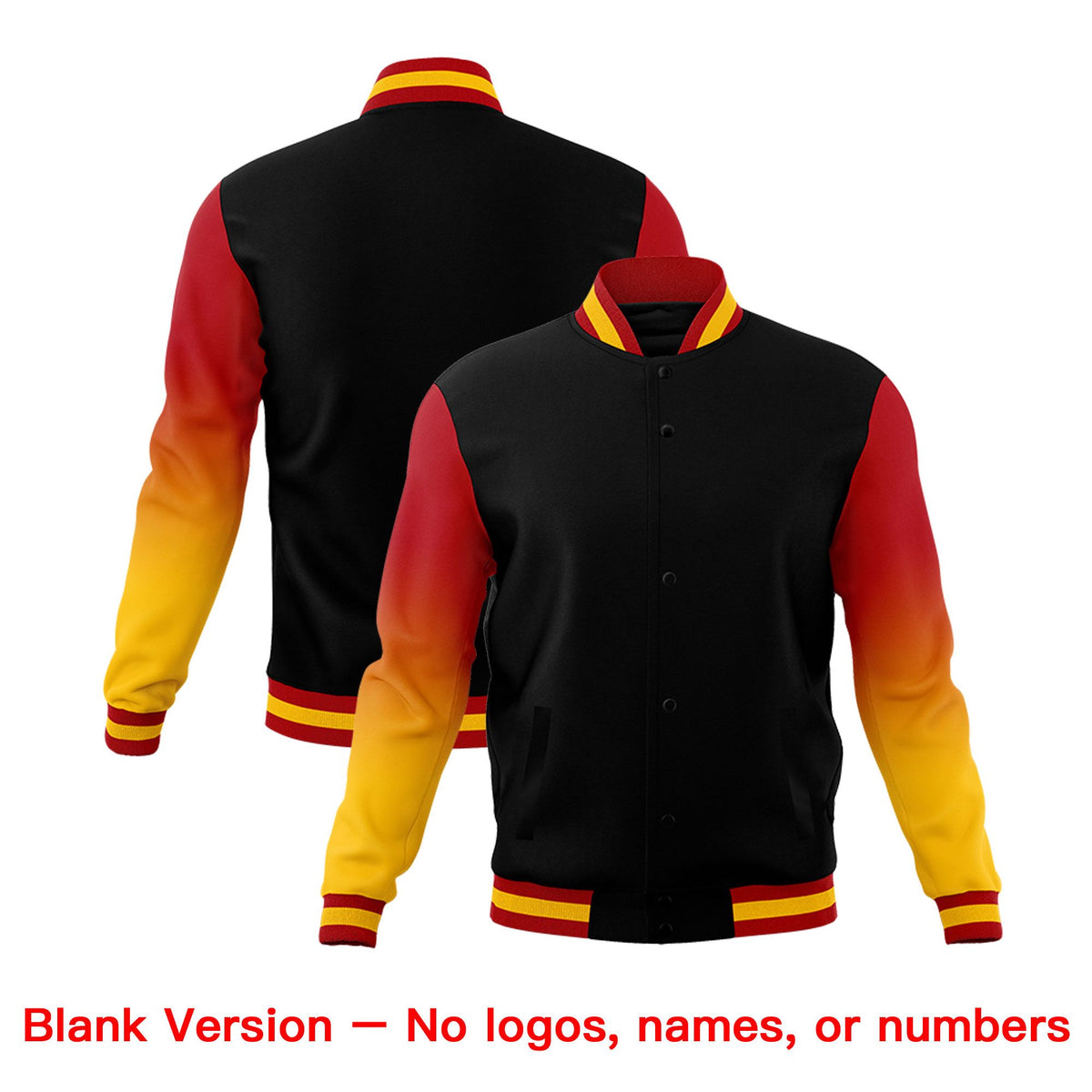 Custom Black Red Gold Full-Snap Varsity Raglan Sleeves Gradient Letterman Jacket| KXKSHOP