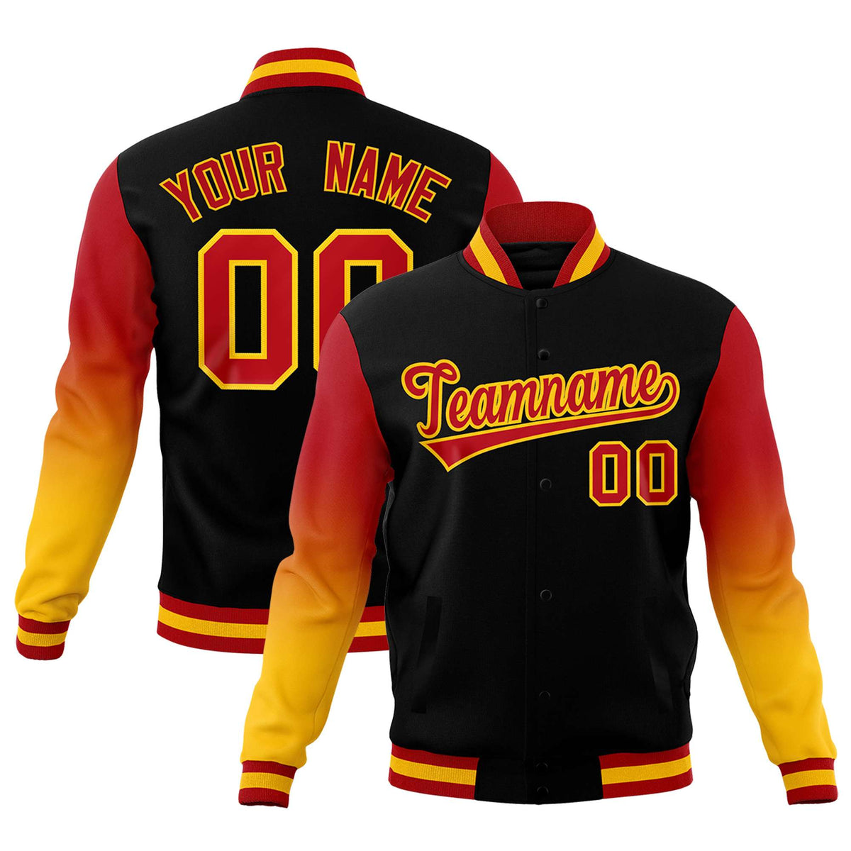 Custom Black Red Gold Full-Snap Varsity Raglan Sleeves Gradient Letterman Jacket| KXKSHOP