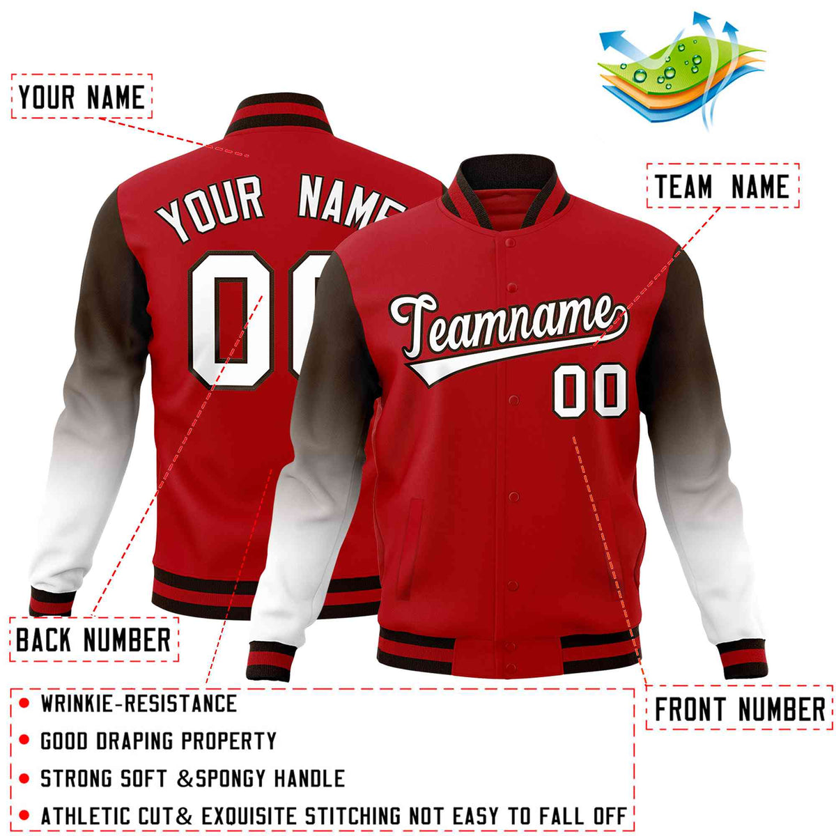 Custom Red White Brown Full-Snap Varsity Raglan Sleeves Gradient Letterman Jacket| KXKSHOP