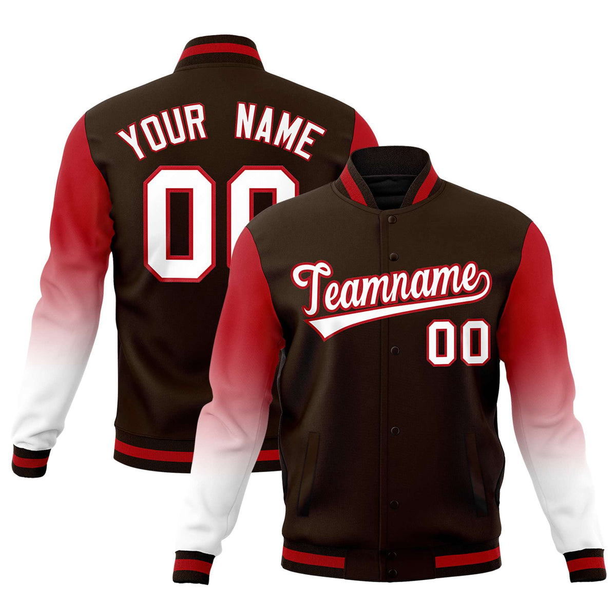 Custom Brown White Red Full-Snap Varsity Raglan Sleeves Gradient Letterman Jacket| KXKSHOP