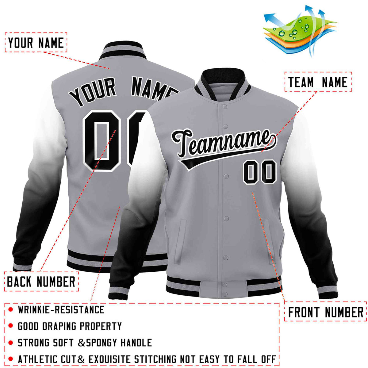 Custom Gray Black White Full-Snap Varsity Raglan Sleeves Gradient Letterman Jacket| KXKSHOP