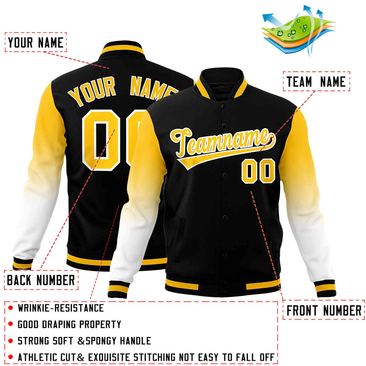 Custom Black Gold White Full-Snap Varsity Raglan Sleeves Gradient Letterman Jacket| KXKSHOP