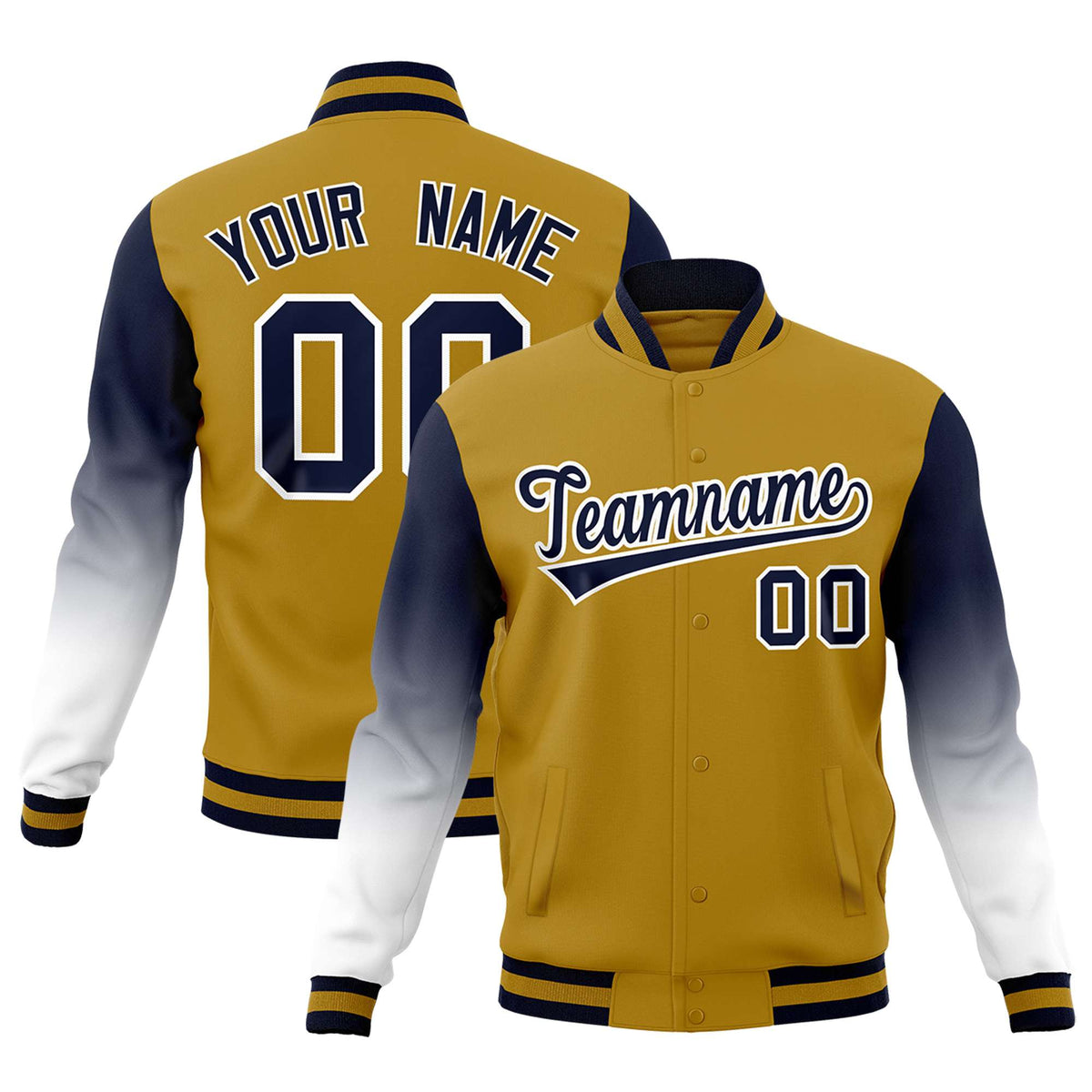 Custom Old Gold Navy White Full-Snap Varsity Raglan Sleeves Gradient Letterman Jacket| KXKSHOP