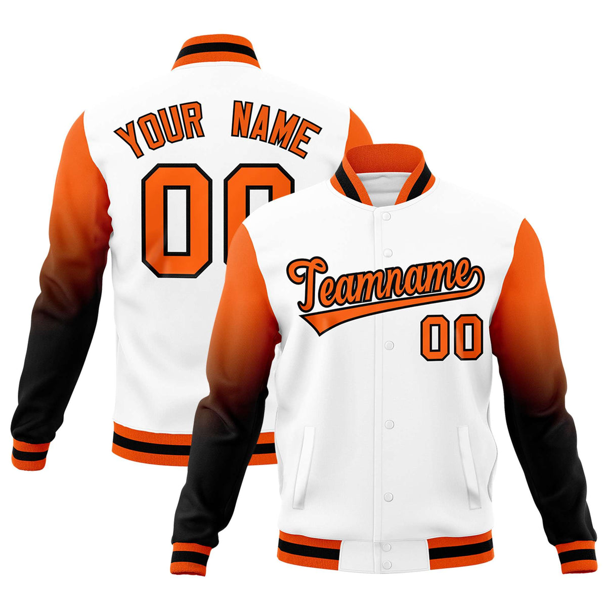 Custom White Orange Black Full-Snap Varsity Raglan Sleeves Gradient Letterman Jacket| KXKSHOP
