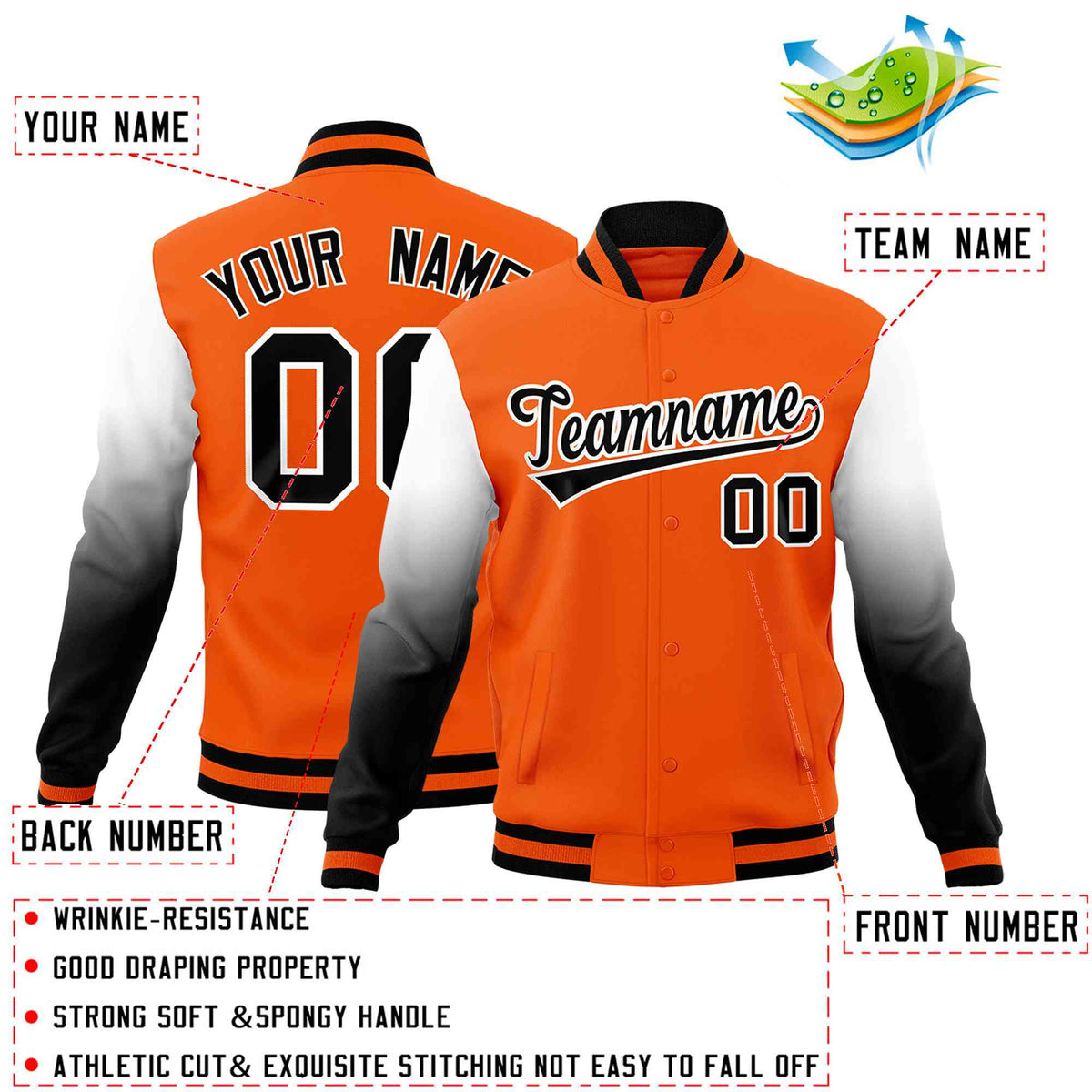 Custom Orange Black White Full-Snap Varsity Raglan Sleeves Gradient Letterman Jacket| KXKSHOP