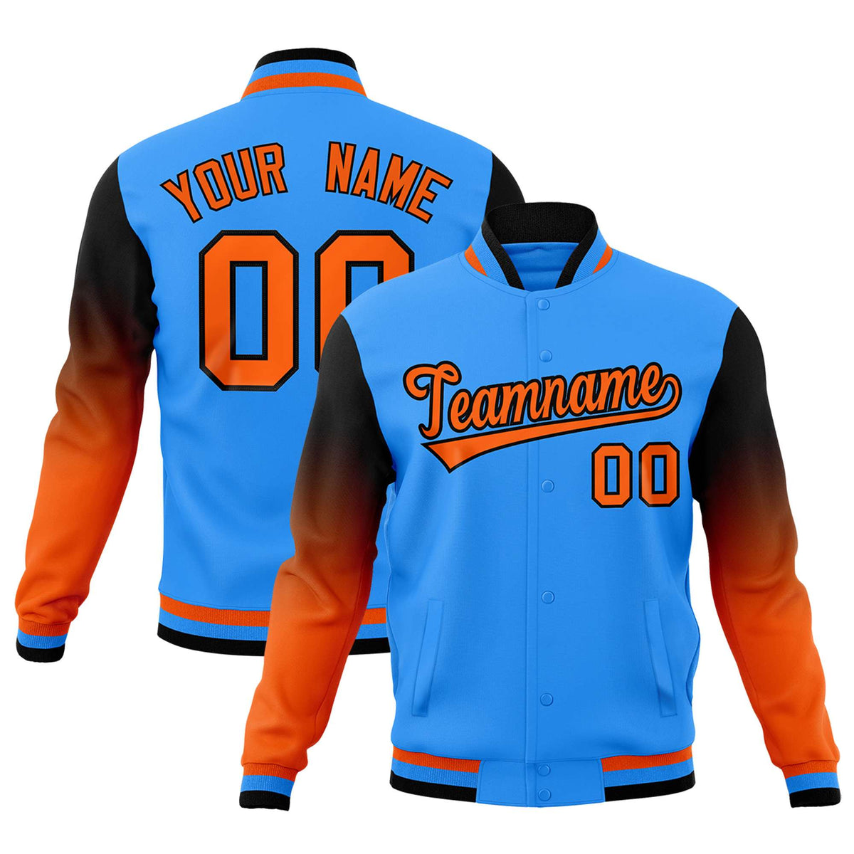 Custom Powder Blue Orange Black Full-Snap Varsity Raglan Sleeves Gradient Letterman Jacket| KXKSHOP