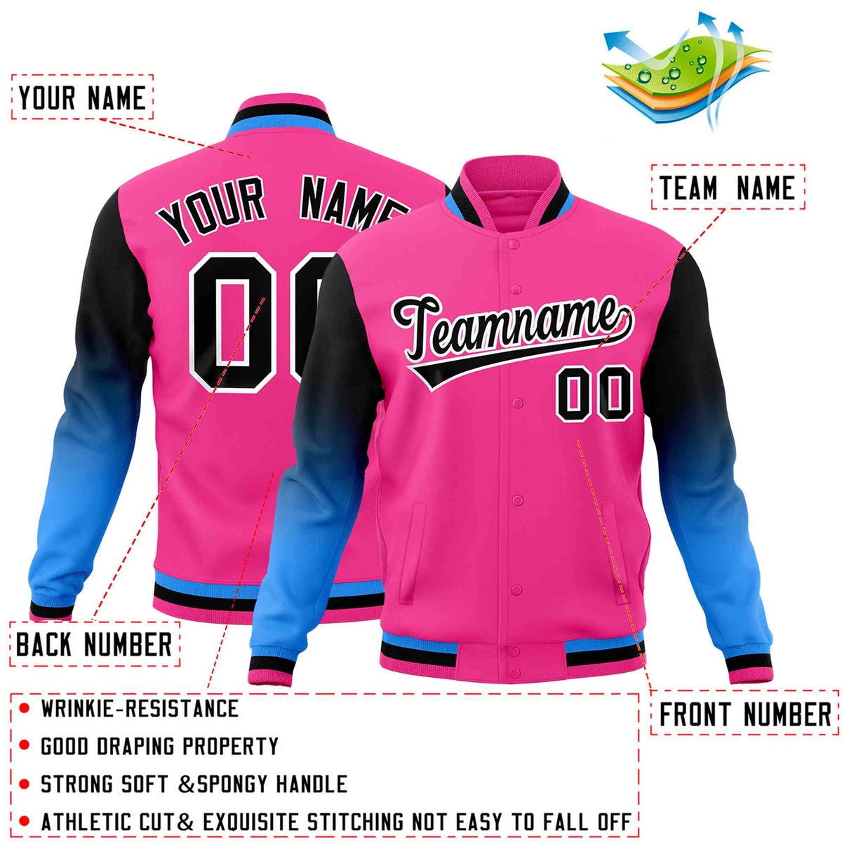 Custom Pink Black White Full-Snap Varsity Raglan Sleeves Gradient Letterman Jacket| KXKSHOP