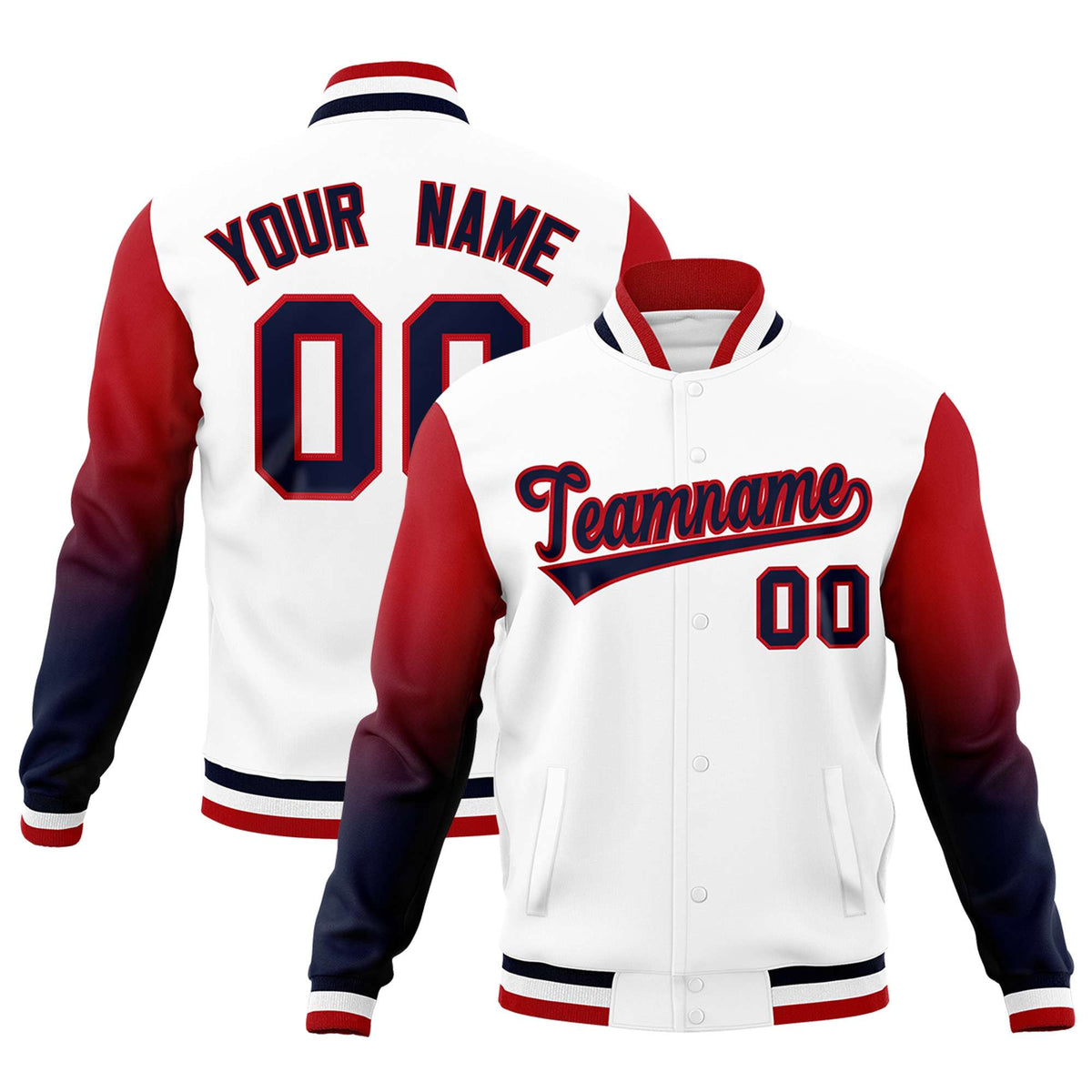 Custom White Navy Red Full-Snap Varsity Raglan Sleeves Gradient Letterman Jacket| KXKSHOP