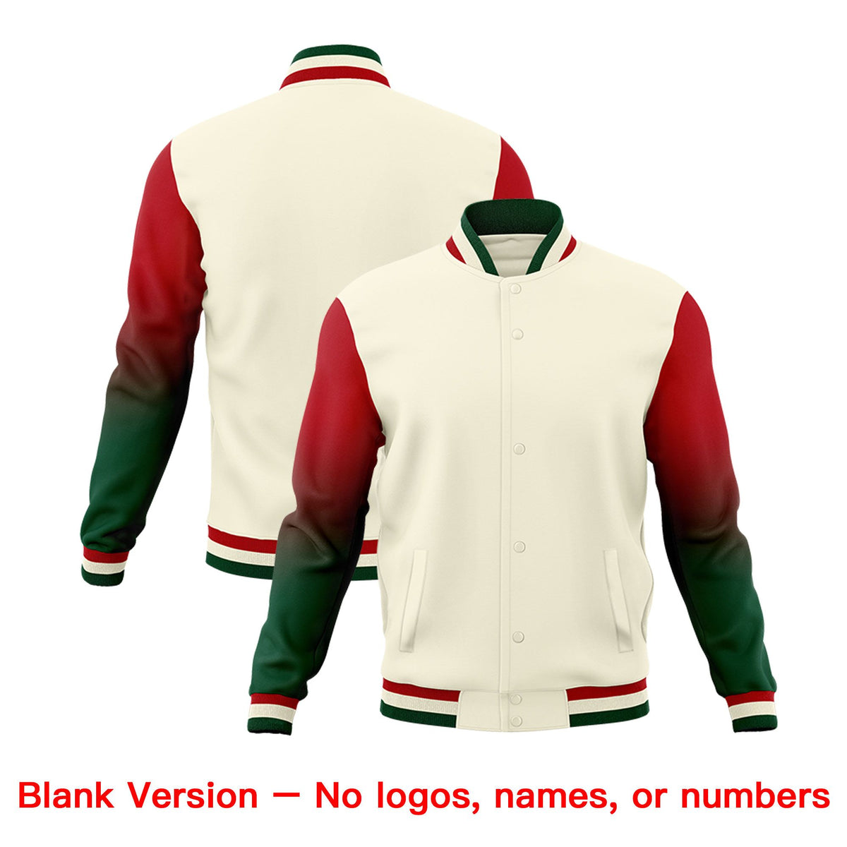 Custom Cream Green Red Full-Snap Varsity Raglan Sleeves Gradient Letterman Jacket| KXKSHOP
