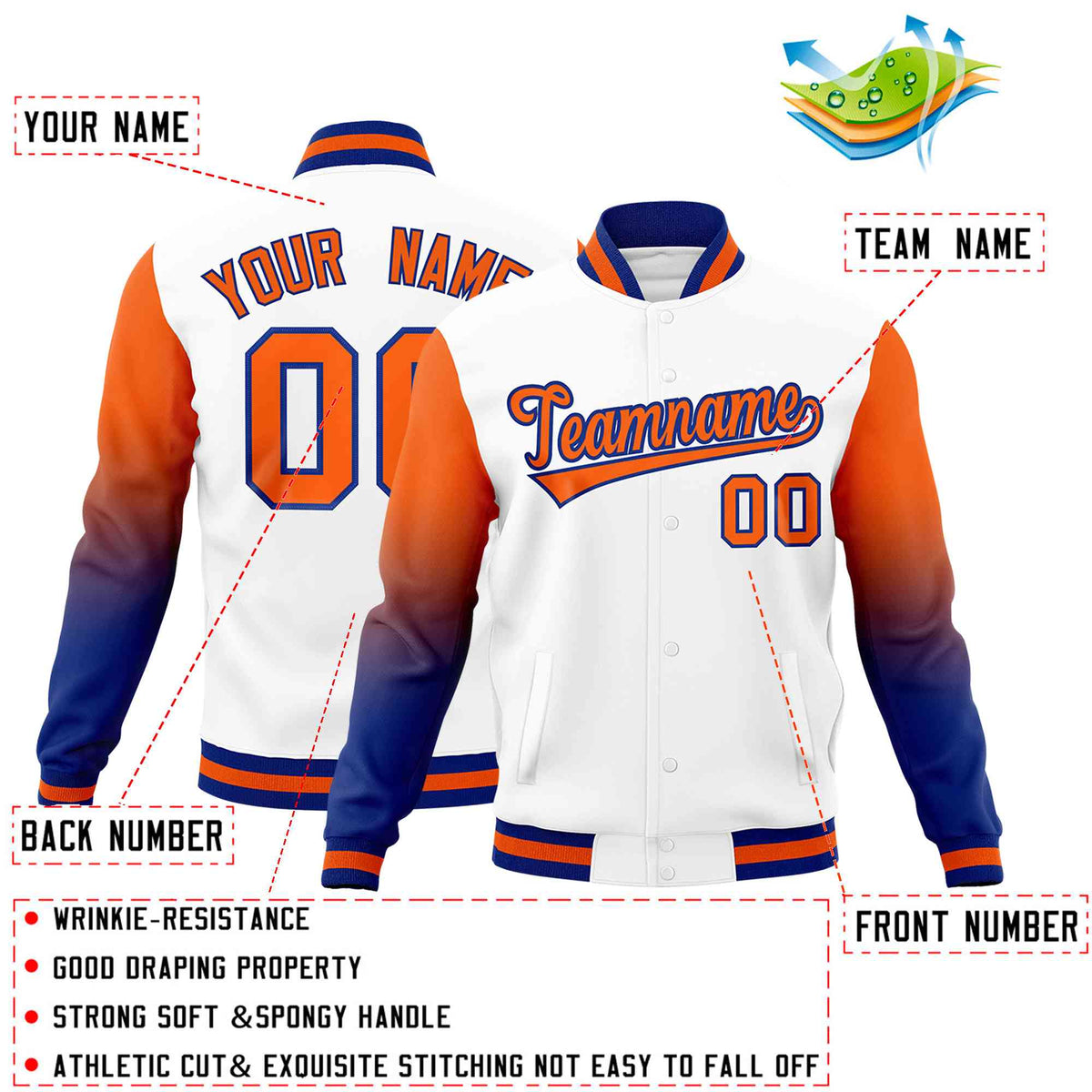 Custom White Orange Royal Blue Full-Snap Varsity Raglan Sleeves Gradient Letterman Jacket| KXKSHOP