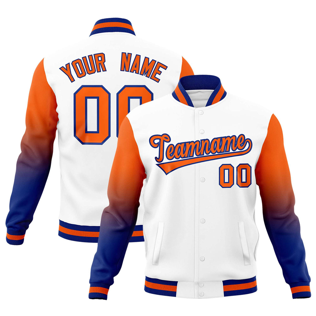 Custom White Orange Royal Blue Full-Snap Varsity Raglan Sleeves Gradient Letterman Jacket| KXKSHOP