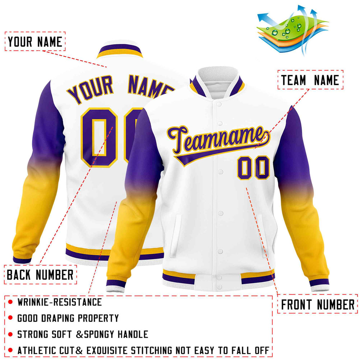 Custom White Purple Gold Full-Snap Varsity Raglan Sleeves Gradient Letterman Jacket| KXKSHOP