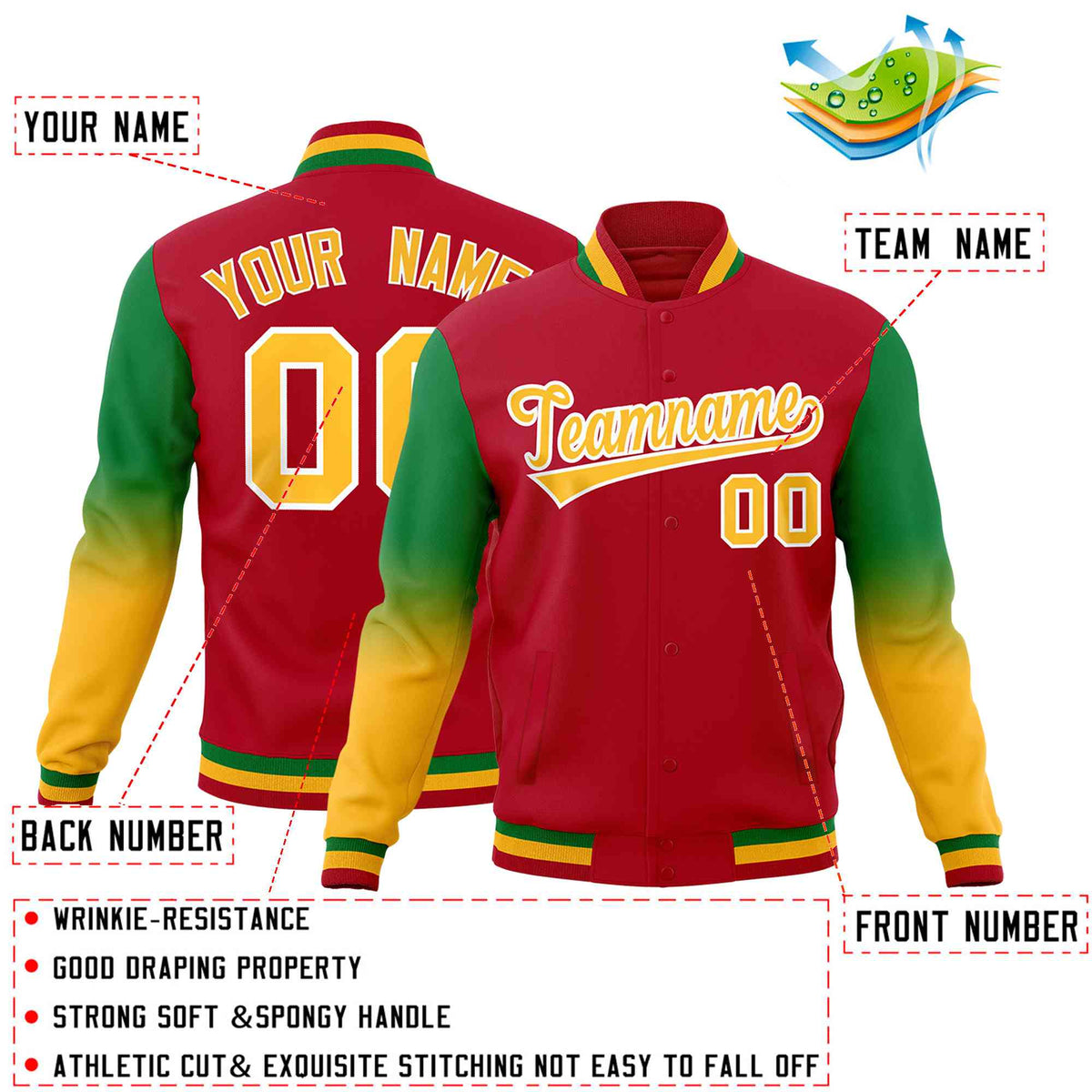 Custom Red Gold White Full-Snap Varsity Raglan Sleeves Gradient Letterman Jacket| KXKSHOP