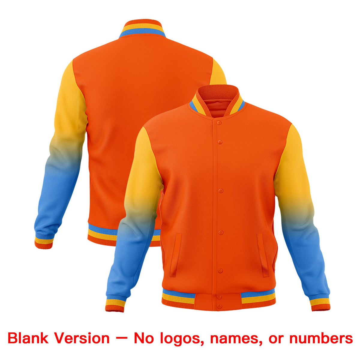 Custom Orange Powder Blue White Full-Snap Varsity Raglan Sleeves Gradient Letterman Jacket| KXKSHOP
