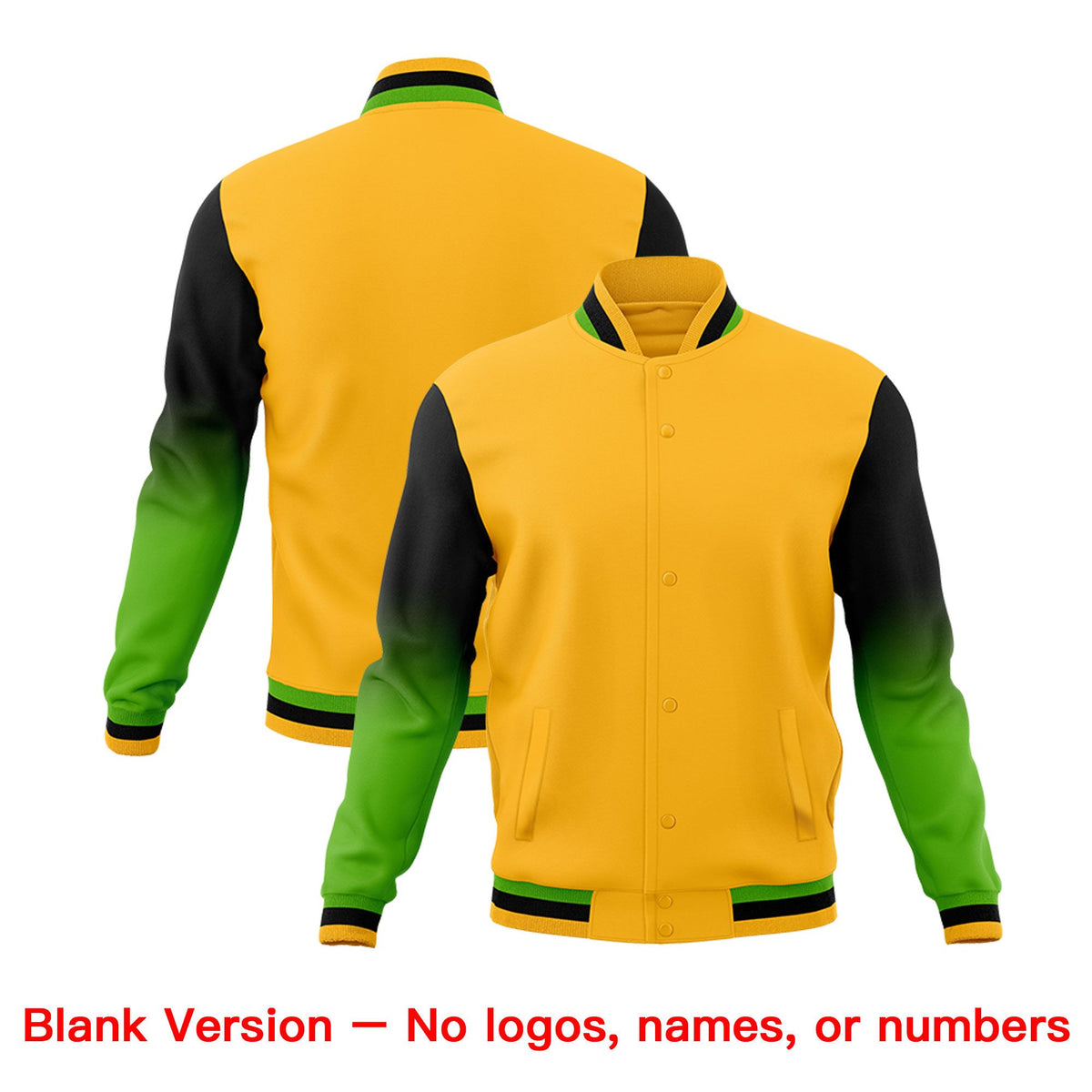Custom Gold Green White Full-Snap Varsity Raglan Sleeves Gradient Letterman Jacket| KXKSHOP
