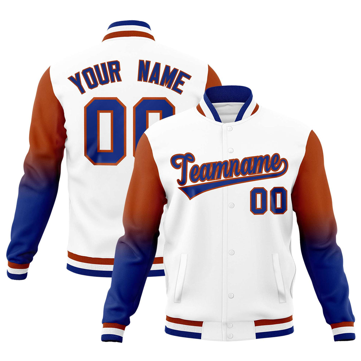Custom White Royal Blue Dark Orange Full-Snap Varsity Raglan Sleeves Gradient Letterman Jacket| KXKSHOP