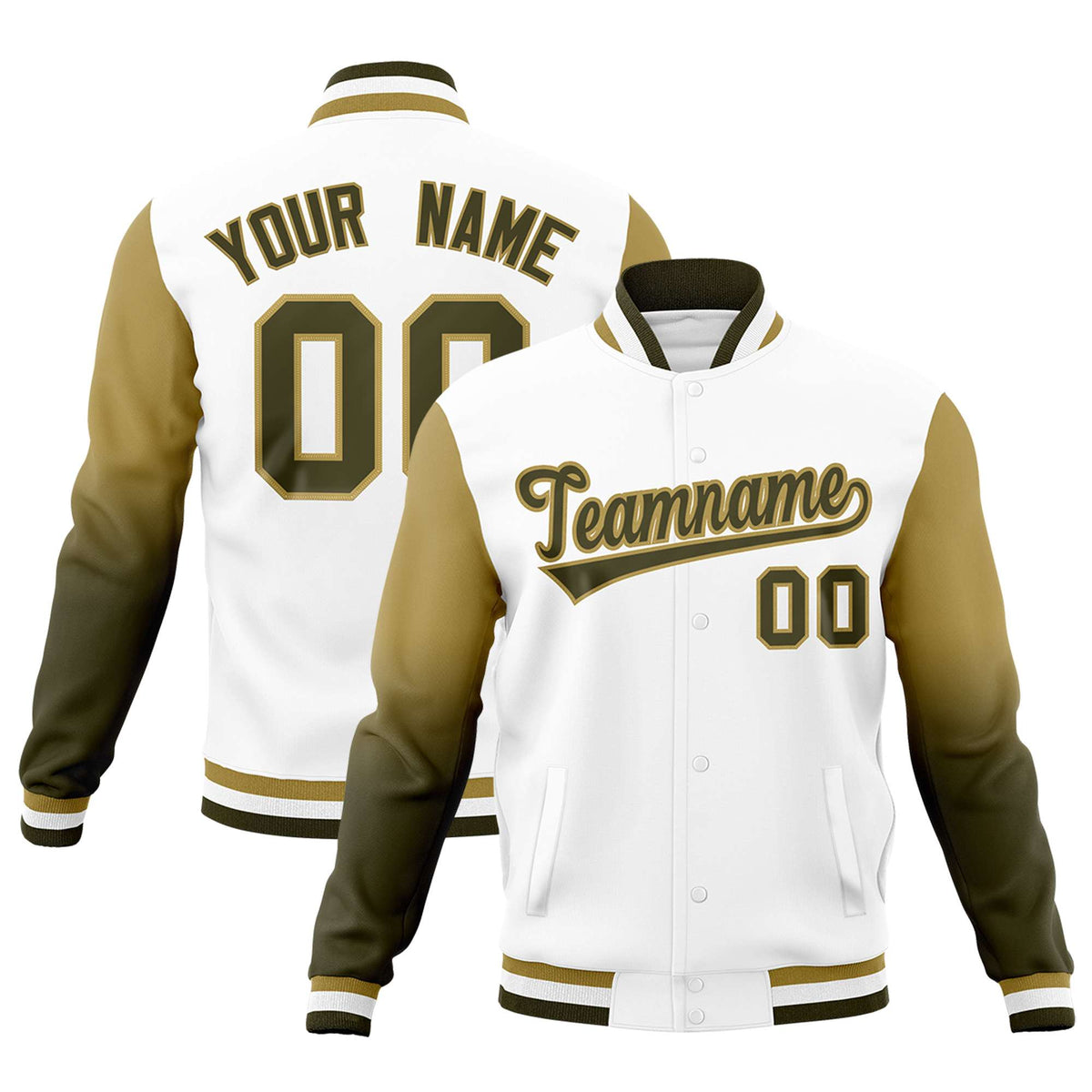 Custom White Olive Desert Yellow Full-Snap Varsity Raglan Sleeves Gradient Letterman Jacket| KXKSHOP