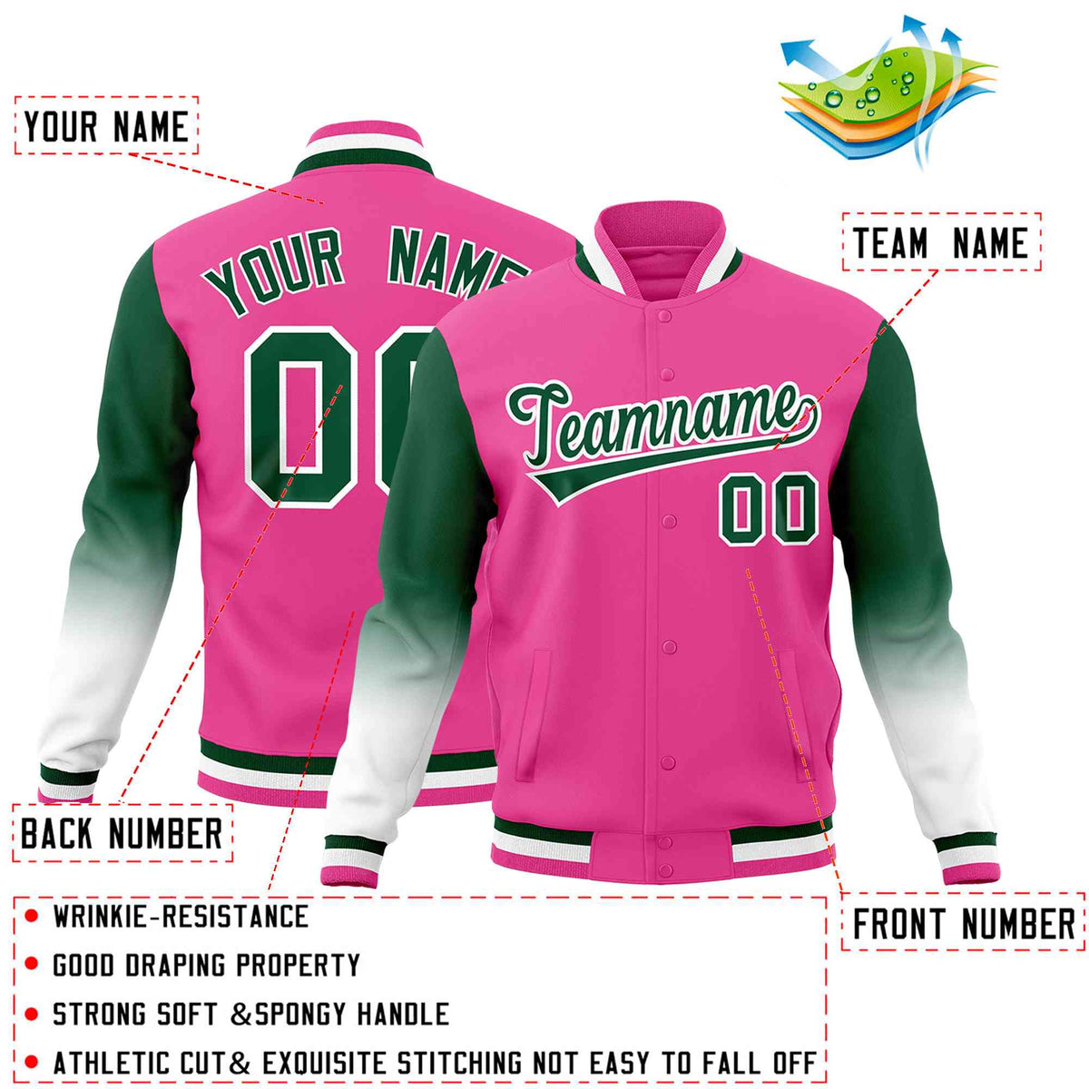 Custom Pink Green White Full-Snap Varsity Raglan Sleeves Gradient Letterman Jacket| KXKSHOP