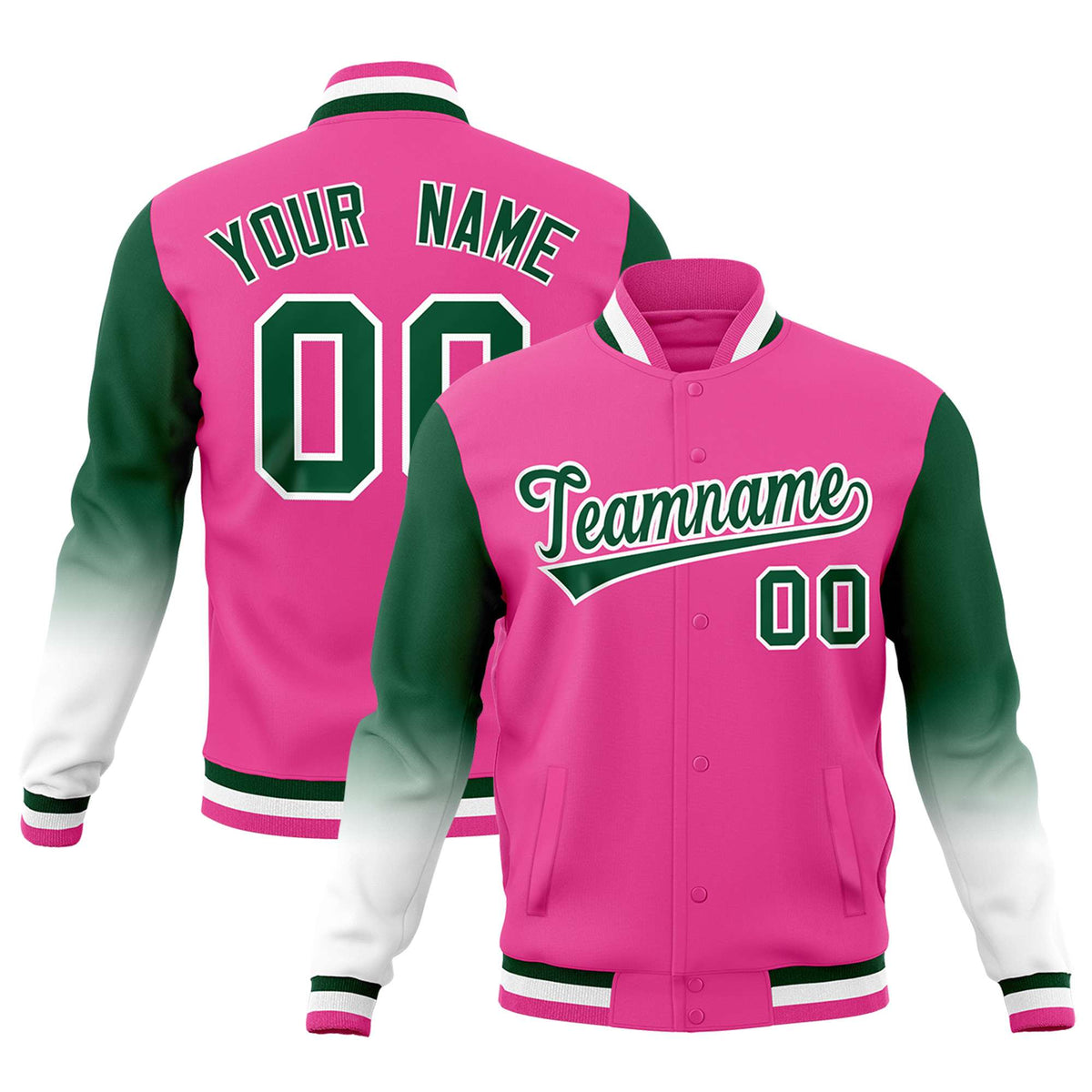 Custom Pink Green White Full-Snap Varsity Raglan Sleeves Gradient Letterman Jacket| KXKSHOP