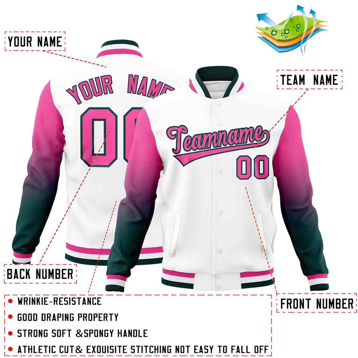 Custom White Pink Midnight Green Full-Snap Varsity Raglan Sleeves Gradient Letterman Jacket| KXKSHOP