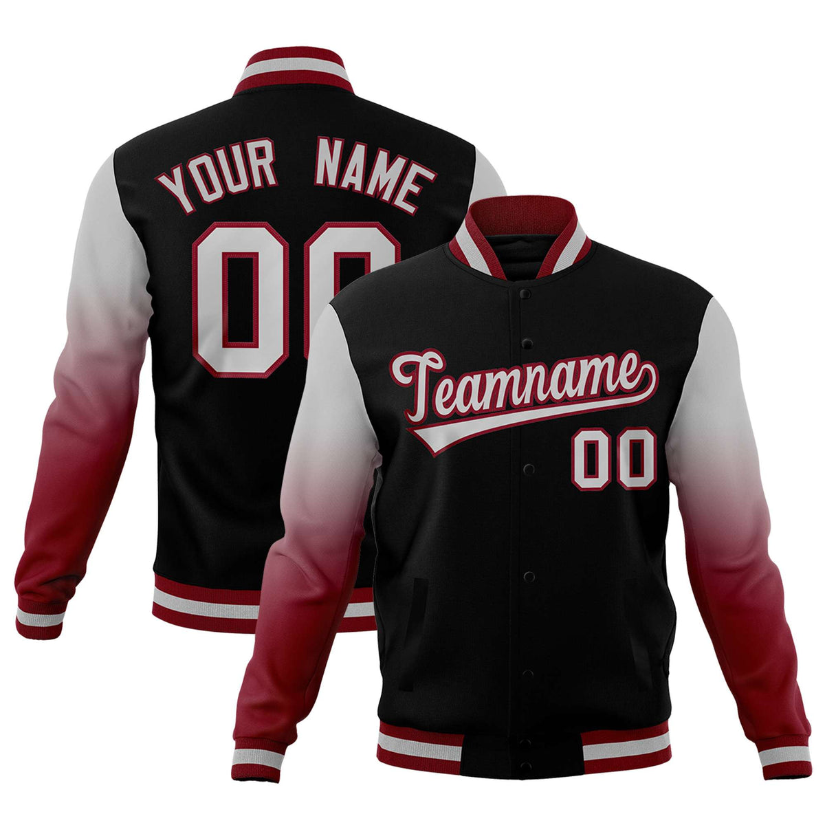 Custom Black Gray Crimson Full-Snap Varsity Raglan Sleeves Gradient Letterman Jacket| KXKSHOP