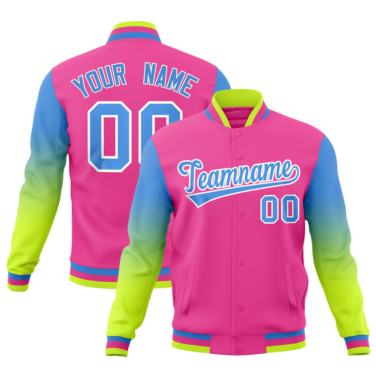 Custom Pink Powder Blue White Full-Snap Varsity Raglan Sleeves Gradient Letterman Jacket| KXKSHOP