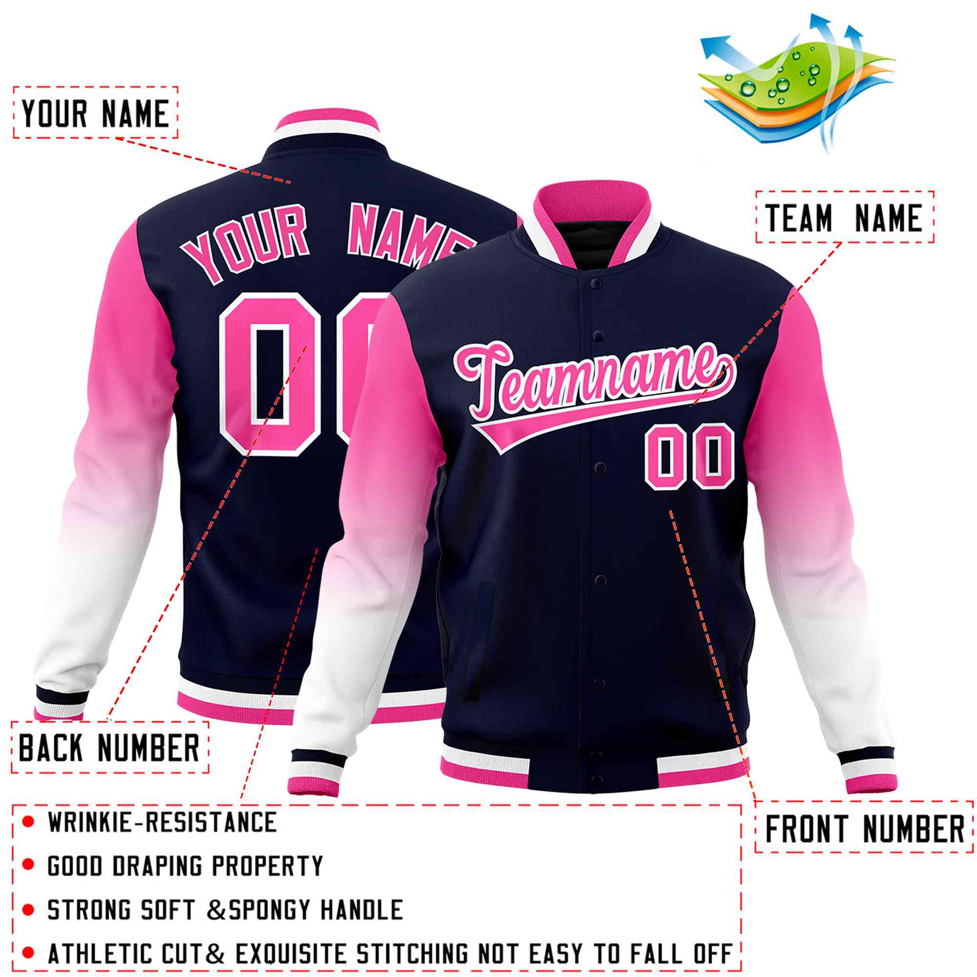 Custom Navy Pink White Full-Snap Varsity Raglan Sleeves Gradient Letterman Jacket| KXKSHOP