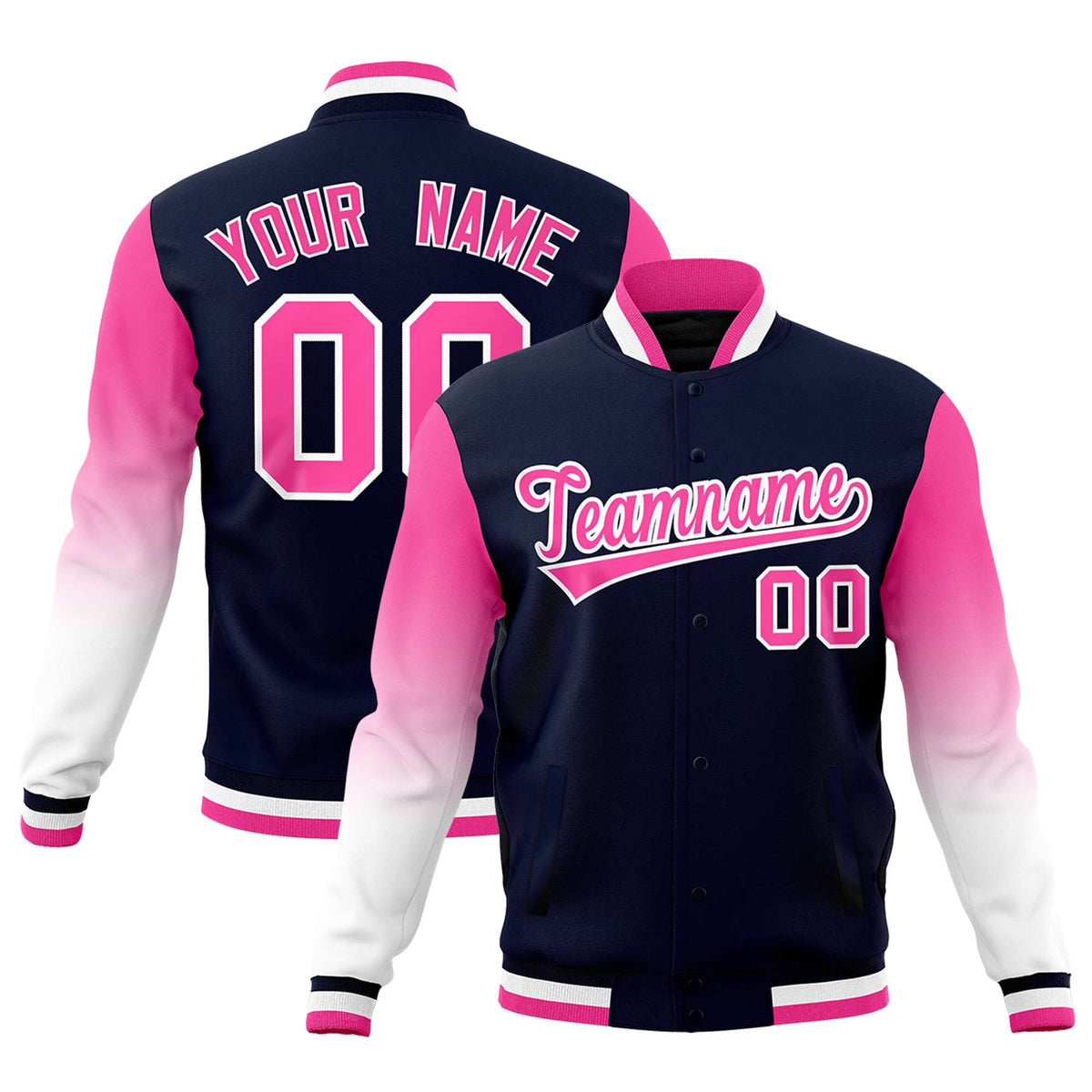 Custom Navy Pink White Full-Snap Varsity Raglan Sleeves Gradient Letterman Jacket| KXKSHOP