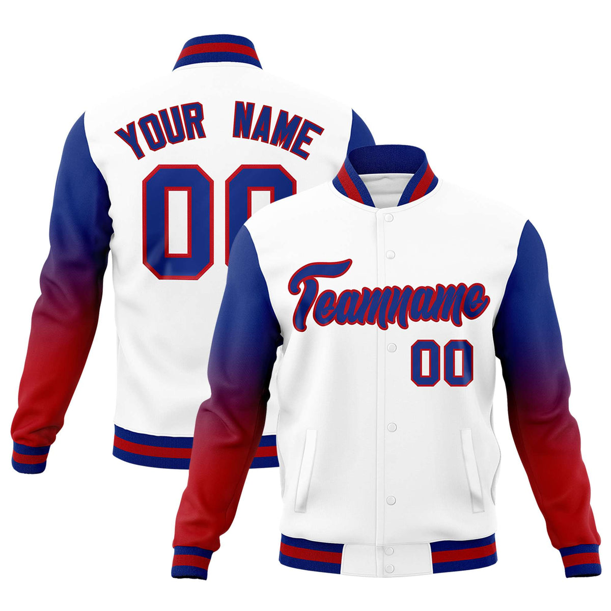 Custom White Royal Blue Red Full-Snap Varsity Raglan Sleeves Gradient Letterman Jacket