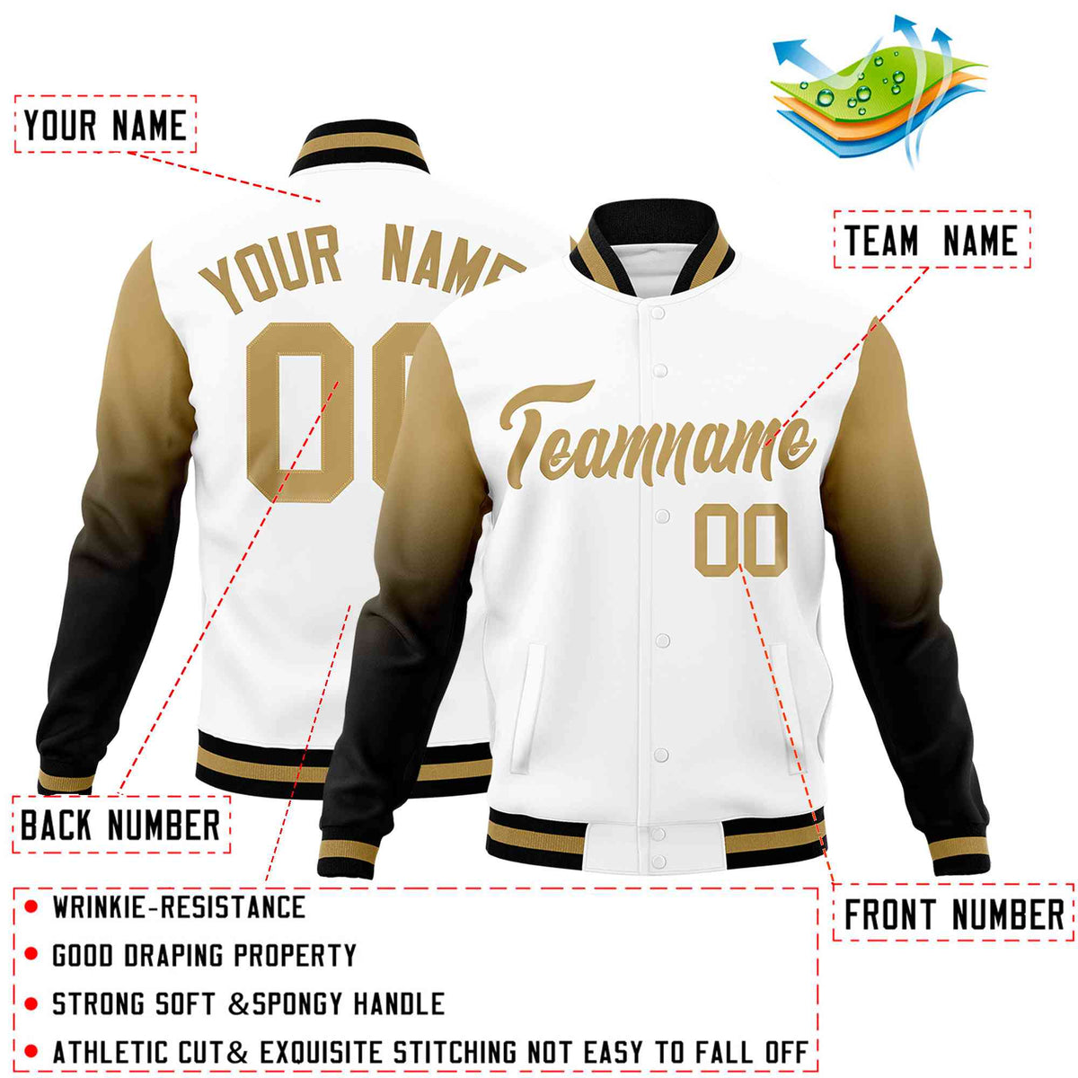 Custom White Black Old Gold Full-Snap Varsity Raglan Sleeves Gradient Letterman Jacket