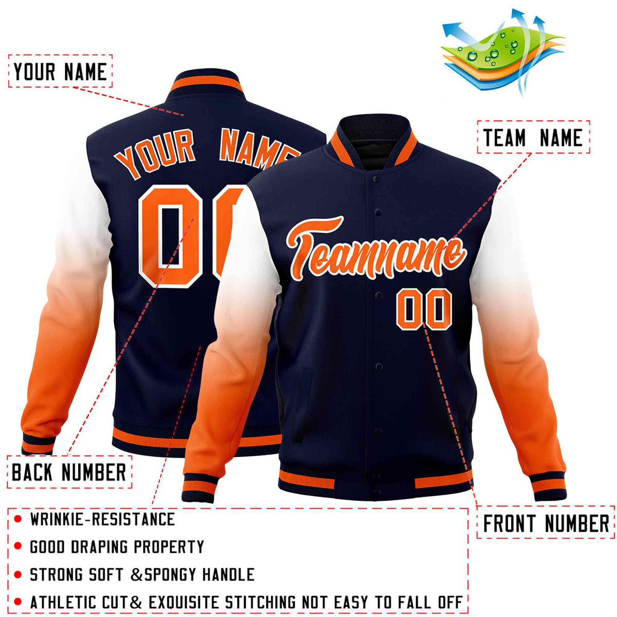 Custom Navy Orange White Full-Snap Varsity Raglan Sleeves Gradient Letterman Jacket
