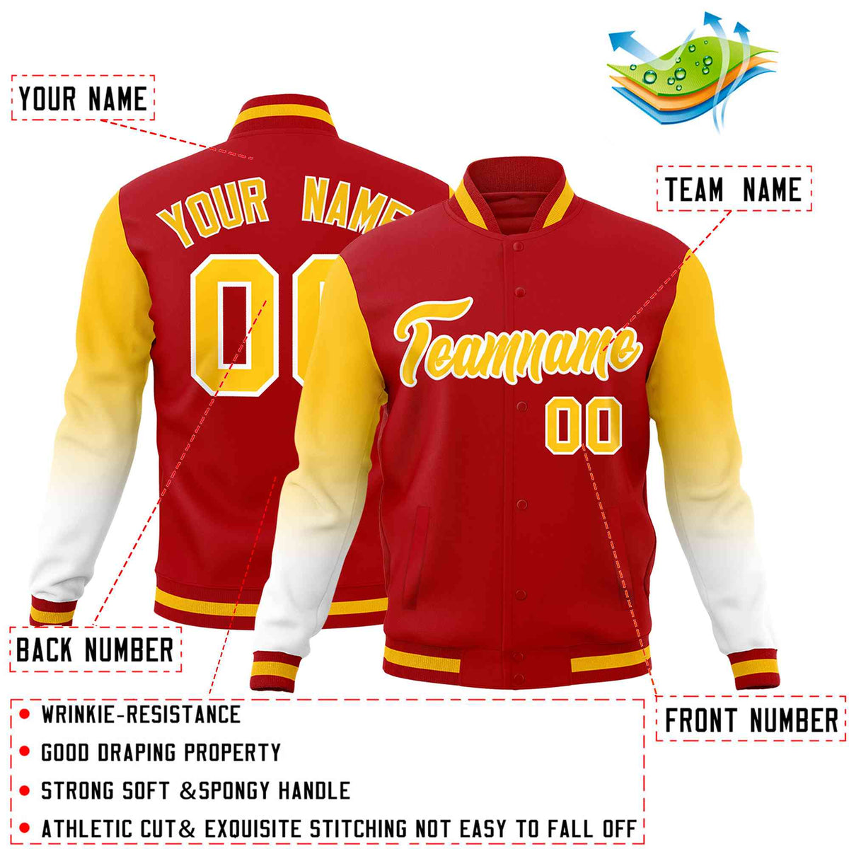 Custom Red Gold White Full-Snap Varsity Raglan Sleeves Gradient Letterman Jacket