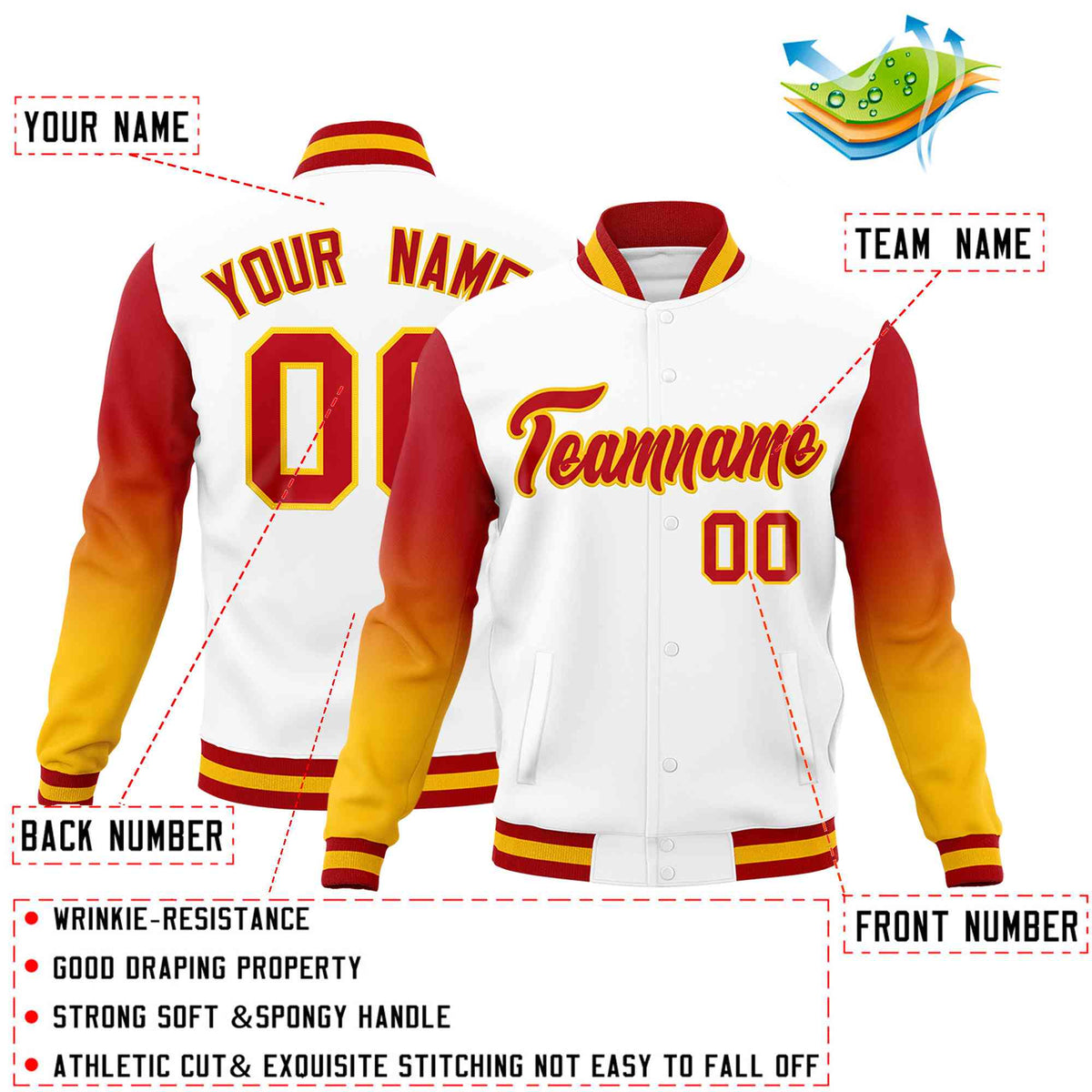 Custom White Red Gold Full-Snap Varsity Raglan Sleeves Gradient Letterman Jacket